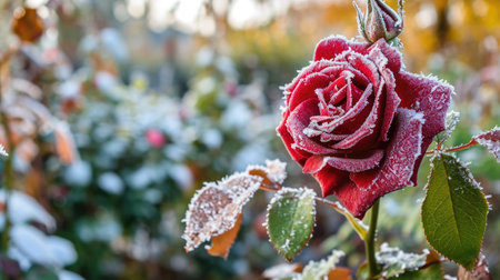 Beautiful red rose covered in frost, captured in garden. Perfect for showing delicate beauty of nature. Use this image to add touch of elegance and romance to your projects.の素材