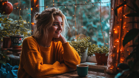 Woman Sitting at Table with Coffee Cup.の素材