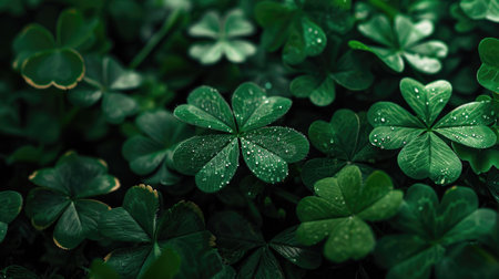 Close-up image of group of four leaf clovers with water droplets on them.の素材