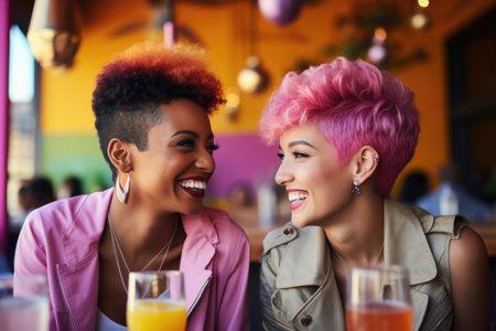 Two women are sitting at table, enjoying their drinks. This picture can be used to depict friendship, socializing, or casual get-together.の素材