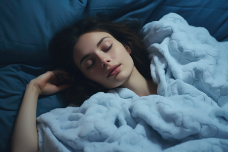 Woman laying in bed with her eyes closed. Suitable for relaxation or sleep-related content.の素材