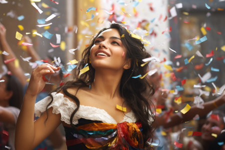 Vibrant image of woman wearing colorful dress, standing amidst shower of confetti. Perfect for festive occasions and celebrations.の素材