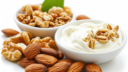 Bowl of yogurt next to bowl of nuts. Perfect for healthy snack or breakfast option.の素材