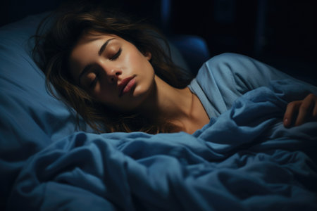Woman peacefully lying in bed, her eyes closed. This image can be used to depict relaxation, sleep, or tranquility.の素材