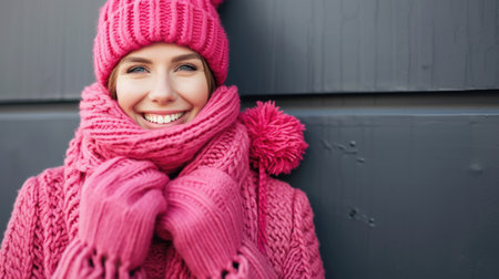 Woman wearing pink hat and scarf. Suitable for winter fashion or outdoor activities.の素材