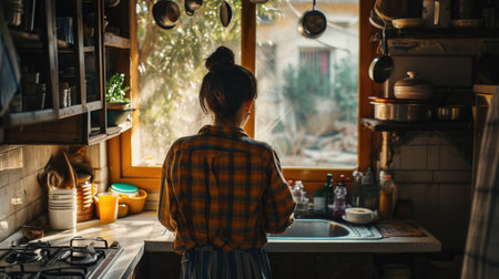 Photo pour Woman standing in front of window in kitchen. Suitable for home decor or lifestyle articles. - image libre de droit