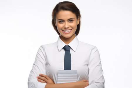 Woman wearing white shirt and blue tie. Suitable for corporate or professional themes.の素材