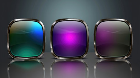 Set of three shiny buttons in different colors. Can be used for web design, app interfaces, or graphic design projects.の素材