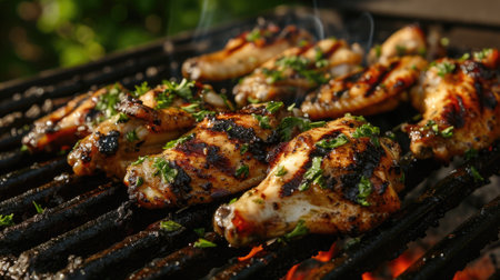 Close up view of grill with chicken cooking on it. Perfect for food enthusiasts and barbecue lovers.の素材