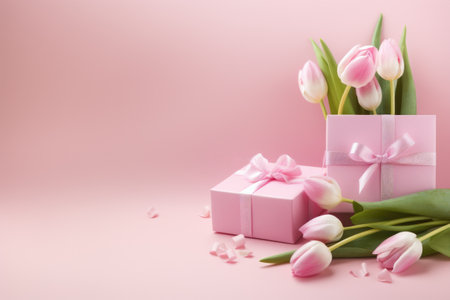 Beautiful bouquet of pink tulips accompanied by gift box.の素材