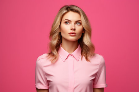 Woman wearing pink shirt poses for picture. Versatile image suitable for various uses.の素材