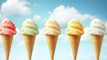 Row of ice cream cones with different flavors. Perfect for showcasing variety of ice cream options. .の素材