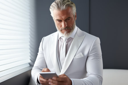 Man dressed in white suit, attentively looking at tablet. Suitable for business, technology, and communication concepts.の素材