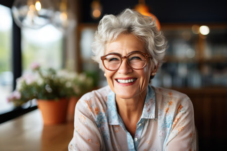 Woman wearing glasses smiles warmly at camera. Perfect for business, education, or lifestyle concepts.の素材