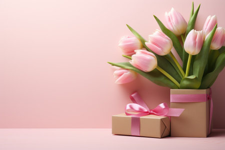 Beautiful bouquet of pink tulips placed next to gift box. Perfect for expressing love, gratitude, or for any special occasion. .の素材