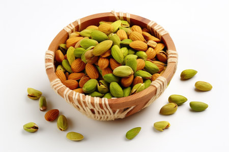 Wooden bowl filled with variety of nuts placed on top of white surface. Perfect for food and nutrition-related projects.の素材