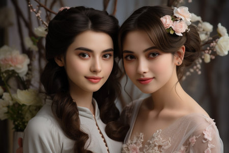 Two beautiful young women standing next to each other. Suitable for lifestyle and friendship-related concepts.の素材