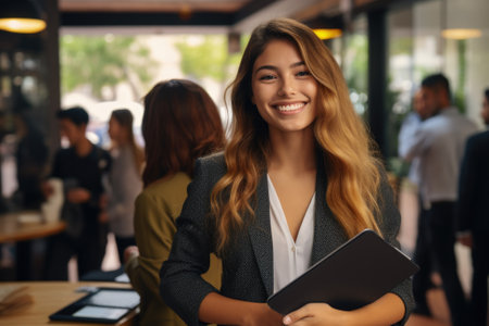Professional woman in business suit holding folder. Suitable for corporate and office-related themes.の素材
