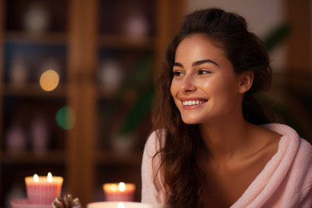 Woman sitting at table with cake and candles. Perfect for birthday celebrations or special occasions.の素材