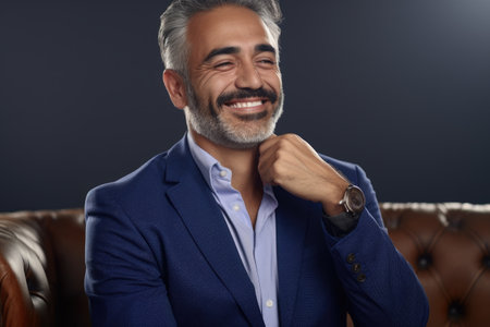 Picture of smiling man wearing blue suit and white shirt. This professional-looking image is suitable for various business and formal contexts.の素材