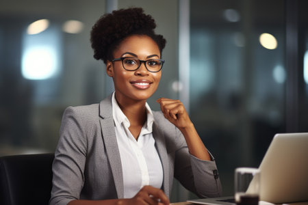 Woman is pictured sitting at table with laptop. This image can be used to represent remote work, technology, or productivity.の素材