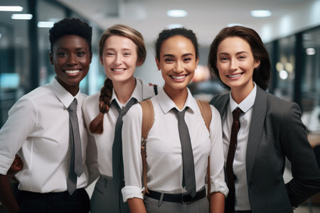 Group of women in business attire posing for picture. Suitable for corporate websites, marketing materials, and professional presentations.の素材