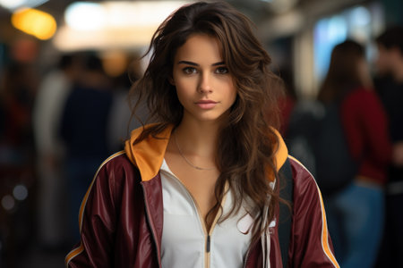 Beautiful young woman standing in crowded area. Suitable for lifestyle, urban, and socializing themes.の素材