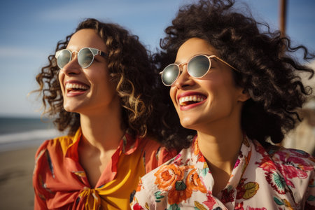 Two women wearing sunglasses and smiling on beach. Suitable for travel and vacation themes.の素材