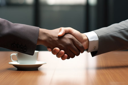 Two men are shaking hands over cup of coffee. This image can be used to depict business meeting or partnership. .の素材