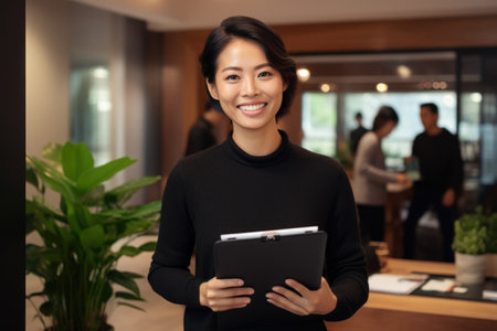 Woman holding tablet computer in her hands. Suitable for technology, business, and education concepts.の素材