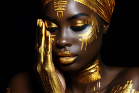 Woman with gold paint on her face, suitable for makeup and beauty concepts.の素材
