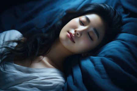 Woman laying in bed with her eyes closed. Ideal for illustrating relaxation, sleep, or self-care concepts.