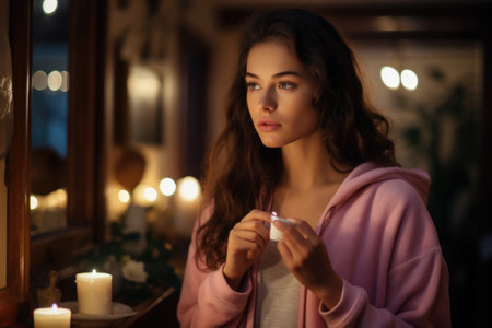 Woman is seen holding candle in her hand while wearing pink hoodie. This image can be used to depict relaxation, meditation, or creating a cozy atmosphere.の素材
