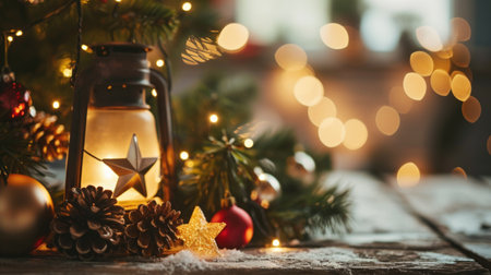 Lantern with star on it next to Christmas tree. Perfect for holiday decorations.の素材