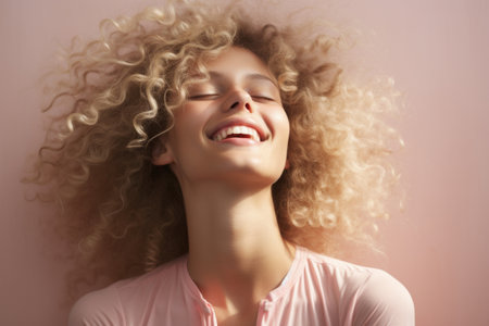 Woman with curly hair smiling and looking up. Suitable for lifestyle, beauty, and positive messaging themes.の素材