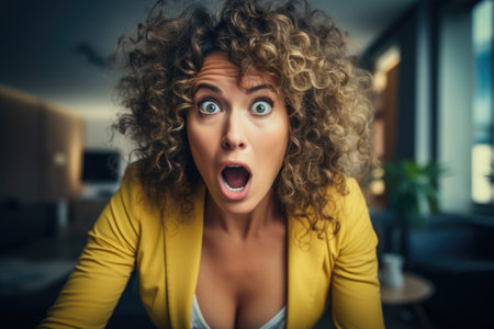 Woman with surprised expression on her face. This image can be used to depict shock, astonishment, or unexpected reactions.の素材