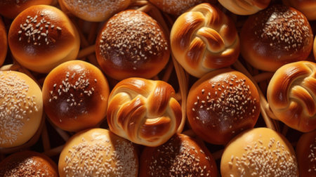 Pile of bread buns with sesame sprinkles. Perfect for bakery products or breakfast-themed designs.の素材