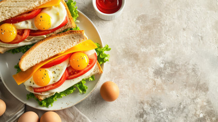Delicious sandwich made with eggs, tomatoes, and lettuce. Perfect for quick and satisfying meal.の素材