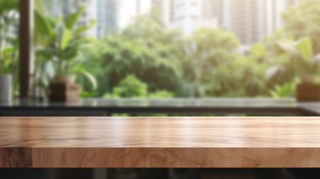 Wooden table positioned in front of window. Perfect for adding natural touch to any interior design.の素材