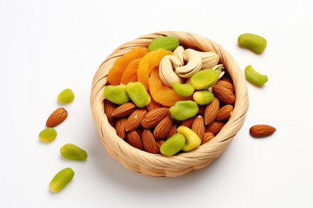 Wooden bowl filled with variety of fruits and nuts. Perfect for healthy eating or as decorative element in kitchen or dining room.の素材