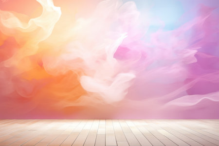 Room with wooden floor and vibrant, colorful wall. Perfect for interior design concepts.の素材