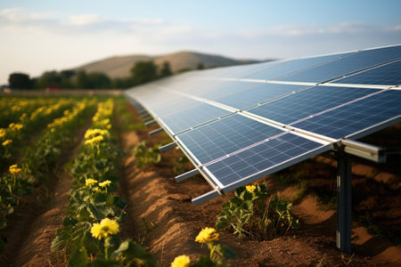 Beautiful field of sunflowers with solar panel in background. Perfect for illustrating renewable energy and sustainability concepts.の素材