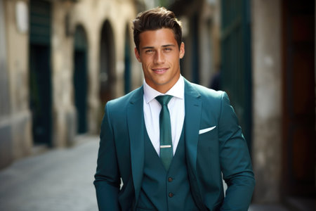 Man wearing green suit and white shirt.の素材