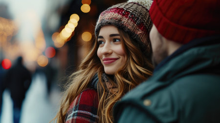 Picture featuring woman wearing red hat and man in green jacket. This versatile image can be used in various contexts.の素材