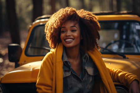 Woman is seated in front of bright yellow truck. This image can be used to represent independence, adventure, or rural lifestyle.の素材