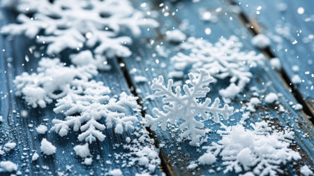 Snow flakes scattered on wooden table. Perfect for winter-themed designs and holiday decorations.の素材