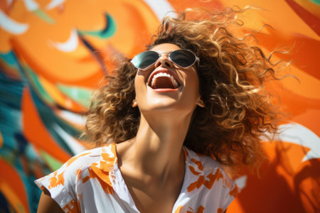 Joyful woman with curly hair and sunglasses laughing. Perfect for capturing moments of happiness and positivity. .の素材