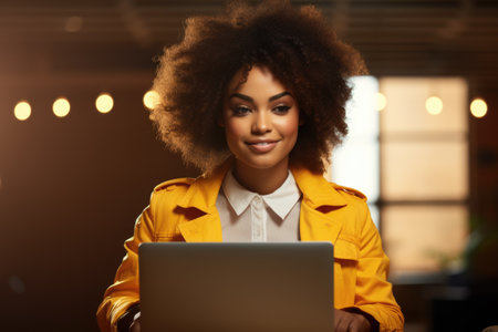 Woman sitting at table with laptop. Suitable for depicting modern work environment.の素材