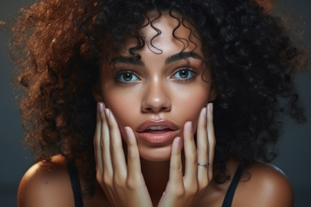 Beautiful young woman with curly hair posing for picture. Perfect for lifestyle and fashion-related projects.の素材