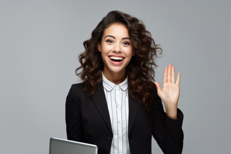 Professional woman wearing business suit raising her hand. Suitable for presentation corporates and meetings.の素材